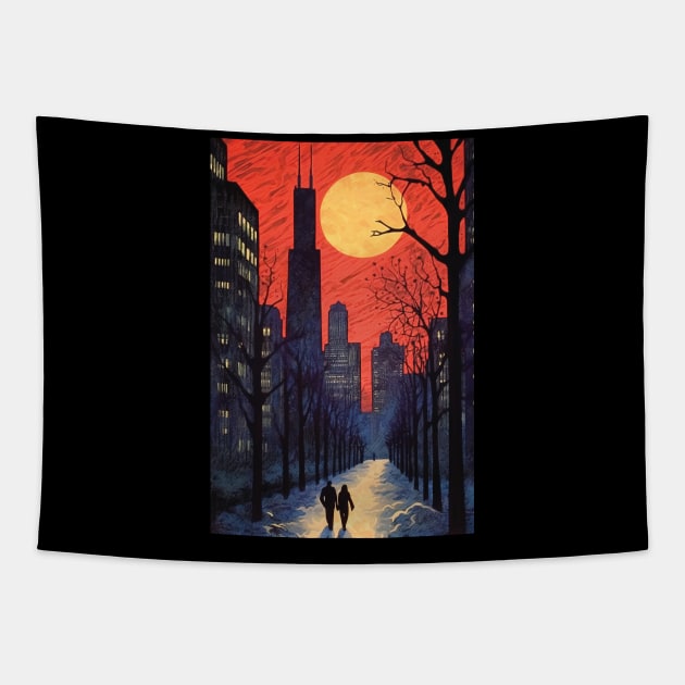 Chicago, Moonlight walk Tapestry by BokeeLee