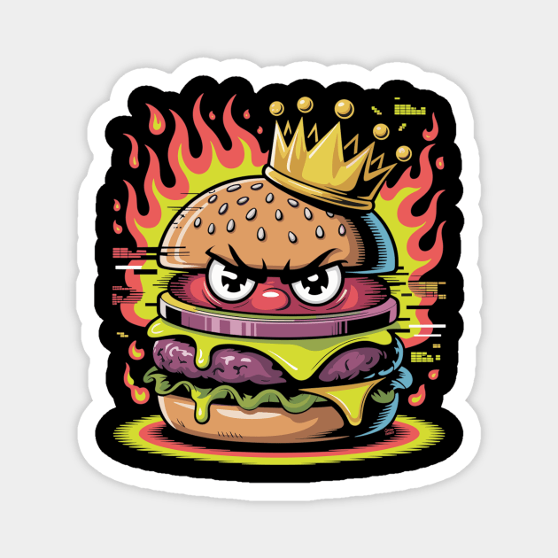 Burger Royalty – Angry Cheeseburger King with Crown & Flames Magnet by Cosmo Gazoo