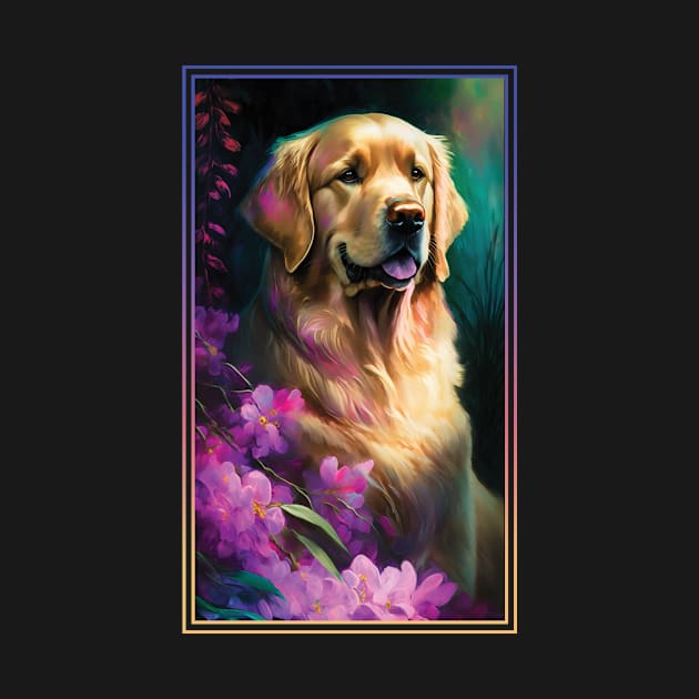 Golden Retriever Dog Vibrant Tropical Flower Tall Digital Oil Painting Portrait by ArtHouseFlunky