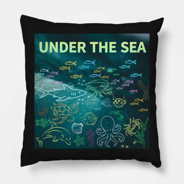 under the sea,blue sea,sea creatures,Turtle, puffer fish, starfish, shrimp, shark, tropical fish, sea horse, seaweed, sardines, squid, crabs, clams Pillow by zzzozzo