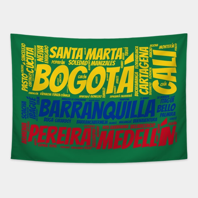 Colombia Flag with City Names Word Art Tapestry by Family Heritage Gifts