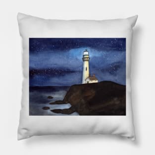 Lighthouse on a cliff at night time Pillow