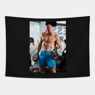 Man doing biceps curl in gym Tapestry
