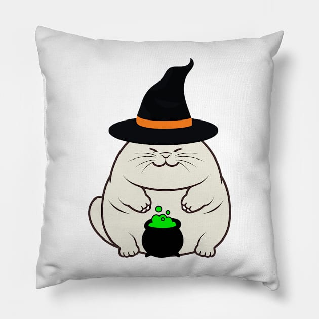 Funny fat cat is wearing a witch costume Pillow by Pet Station