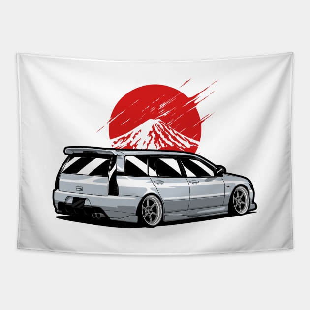 Silver Lancer Evo Wagon Tapestry by KaroCars