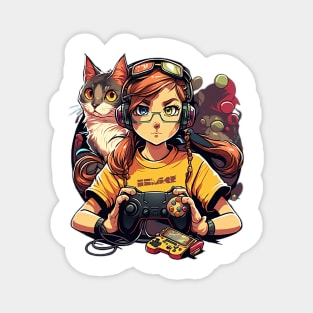 Kawaii player and her cat in the middle of a game Magnet