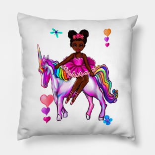 Princess on a unicorn cute black girl African American ballerina Pillow