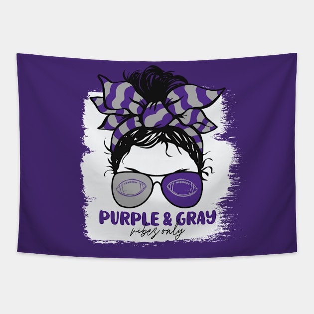 Purple and Gray Vibes Only Football Mom Messy Hair Gameday Tapestry by SLAG_Creative
