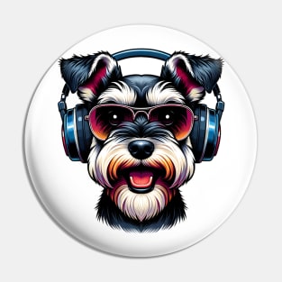 Miniature Schnauzer as Smiling DJ with Headphones Pin