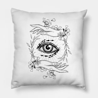 Third eye mystical symbol with woman hands and cute flowers. Pillow