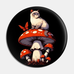 Funny Vintage White Cat in Mushroom Garden Pin