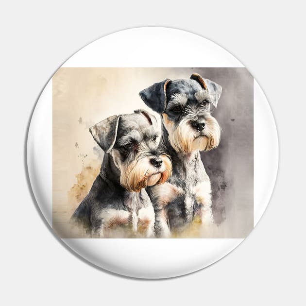 Two Miniature Schnauzers Playing Watercolour Painting Pin by TheArtfulAI