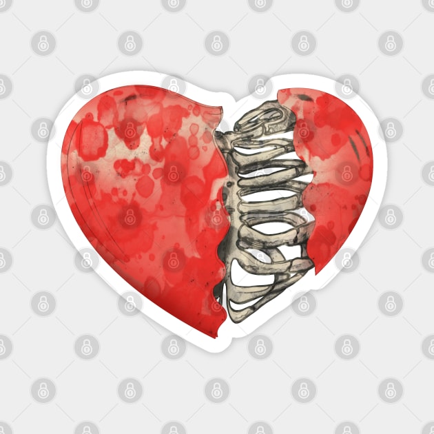 Skeleton rib heart, Broken, heart, watercolor design rib heart Magnet by Collagedream