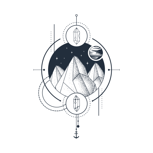 Creative Illustration In Geometric Style. Adventure, Nature, Travel, Mountains And Crystals by SlothAstronaut