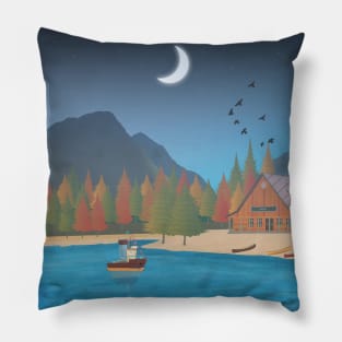 Mountain scene with lake and cabin Pillow