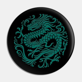 Traditional Teal Blue Chinese Dragon Circle Pin