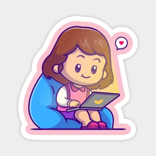 Cute Girl Sitting Playing Laptop Cartoon Magnet