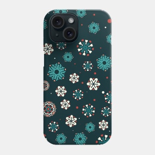 Bright Black Teal Blue Red and White Snowflakes Pattern Phone Case