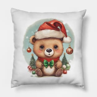 cute little bear cub wearing a santa hat Pillow