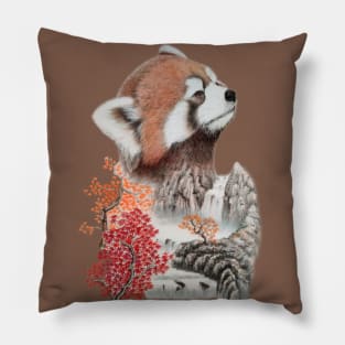 Red panda and autumn landscape Pillow