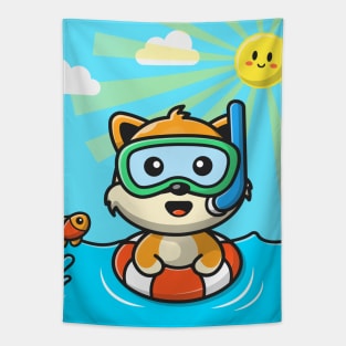 Cute Cat Snorkeling With Swimming Tires Tapestry