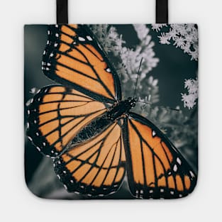 Dark Monarch Butterfly. Orange, Black and White Photograph Tote