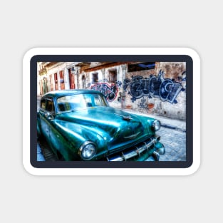 Old green American car on the streets of Havana Cuba Magnet