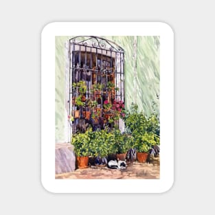 Window with flowerpots and cat, Bentarique. Magnet