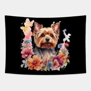 A yorkshire terrier decorated with beautiful watercolor flowers Tapestry