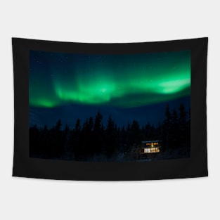 Taiga home under Northern Lights Aurora borealis Tapestry