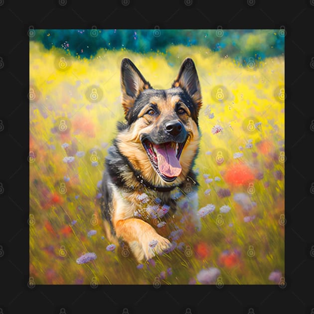 Wildflowers and German Shepherd Impressionist Art Print by TheArtfulAllie