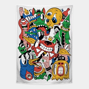 Colorful Collage of Monster Doodles Tapestry