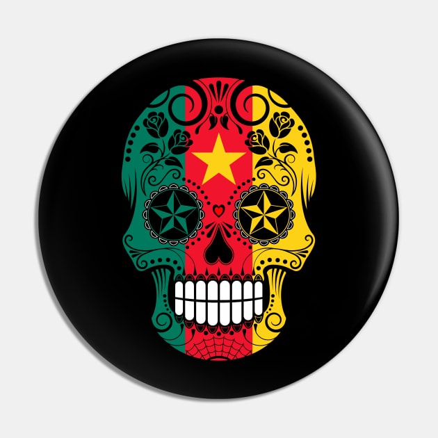 Cameroon Flag Sugar Skull with Roses Pin by jeffbartels