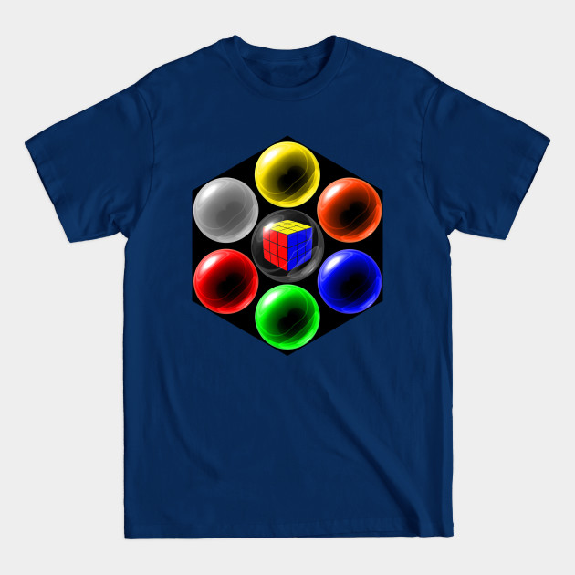 Disover Rubik's Cube in a Glass Ball with Six Surrounding Colourful Glass Balls - Rubik Cube - T-Shirt