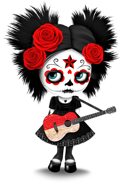 Sugar Skull Girl Playing Indonesian Flag Guitar Kids T-Shirt by jeffbartels