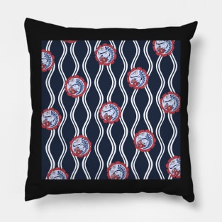 Traditional Japanese Floral Tatewaku Spring Flowers Pattern with Sakura Cherry Blossom, Camellia, and Wisteria in Navy Indigo and Red Pillow