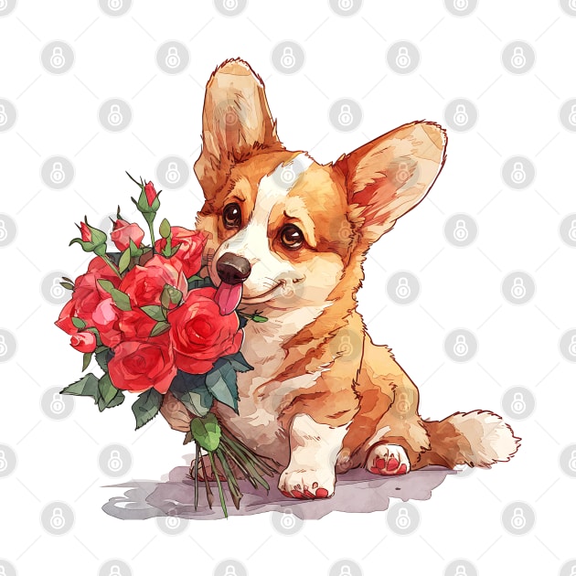 Valentine Pembroke Welsh Corgi Dog Giving Flowers by Chromatic Fusion Studio