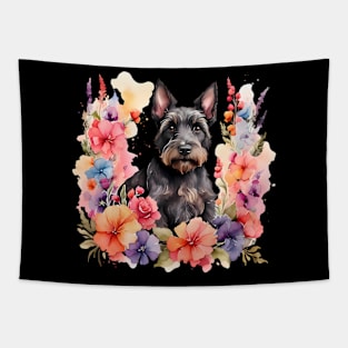 A scottish terrier decorated with beautiful watercolor flowers Tapestry