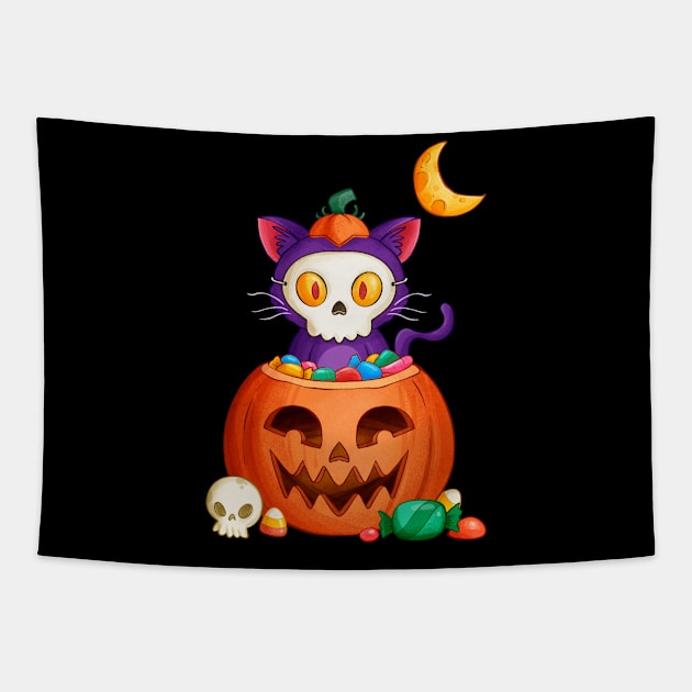 Halloween Cat Skull Cute halloween kitten for kids & adults Tapestry by FunnyUSATees