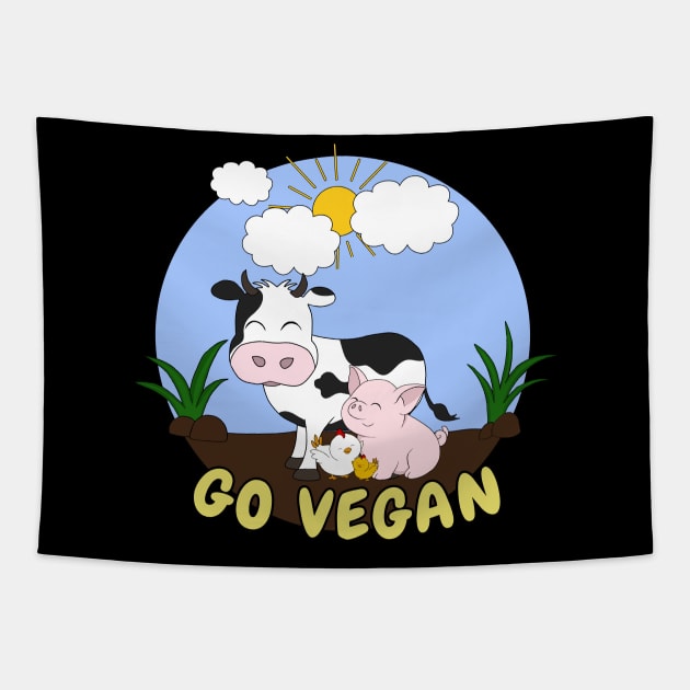 Go Vegan Cute Pig, Cow And Chicken Tapestry by valentinahramov