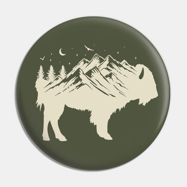 Buffalo Silhouette - Retro Bison Mountain - Buffalo Lover Pin by OrangeMonkeyArt