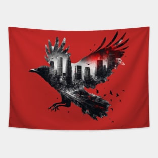 Crow and city double exposure Tapestry