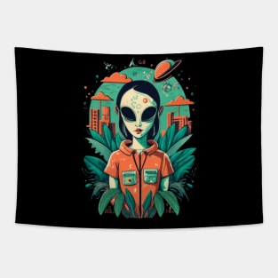 Alien Girl In Aan Artificial World, UFO, Retro, Alien, Alien Civilization Tapestry