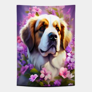 Saint Bernard Dog Surrounded by Beautiful Spring Flowers Tapestry