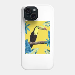 Toucan with tropical leaves and a yellow background Phone Case