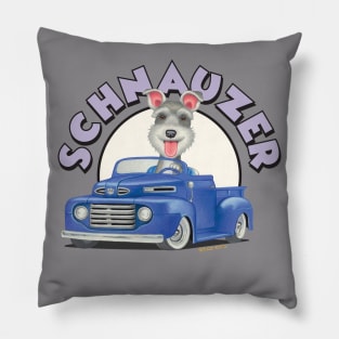 Cute Schnauzer mini puppy retro ready to ride in Classic Blue Truck Pillow