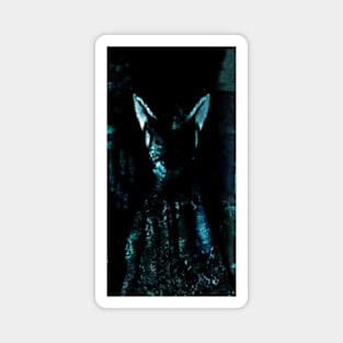 Digital collage, special processing. Strong, muscular men figure, arabian skirt, dark room. Demon. Light blue. Magnet