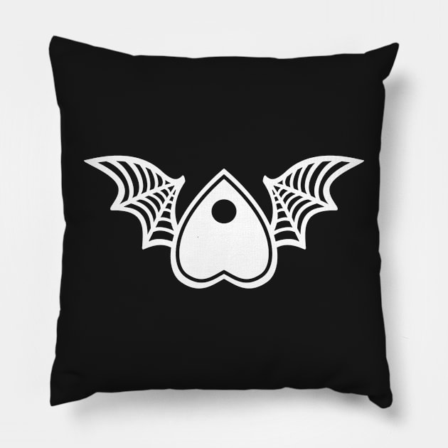 Planchette with Wings - White on Black Pillow by AliceQuinn