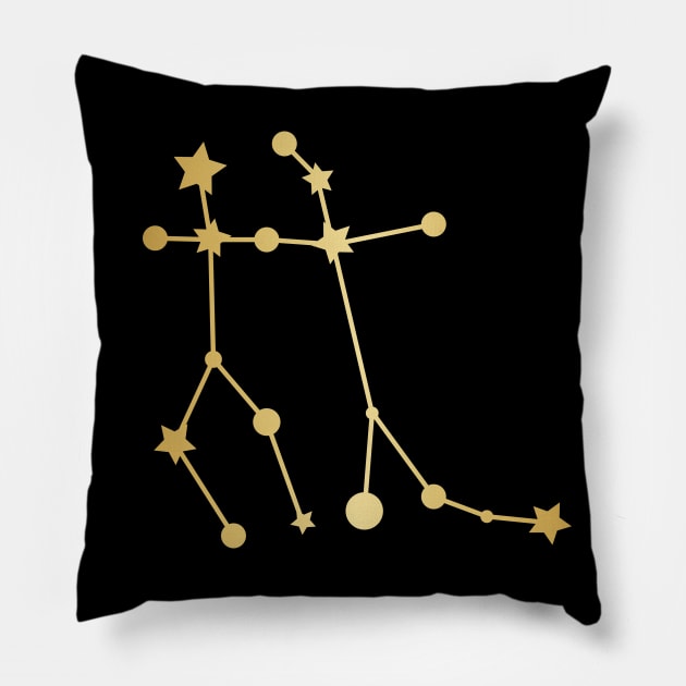 Gemini Zodiac Constellation in Gold - Black Pillow by Kelly Gigi