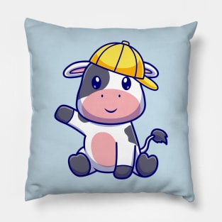 Cute Cow Sitting With Hat Cartoon Pillow